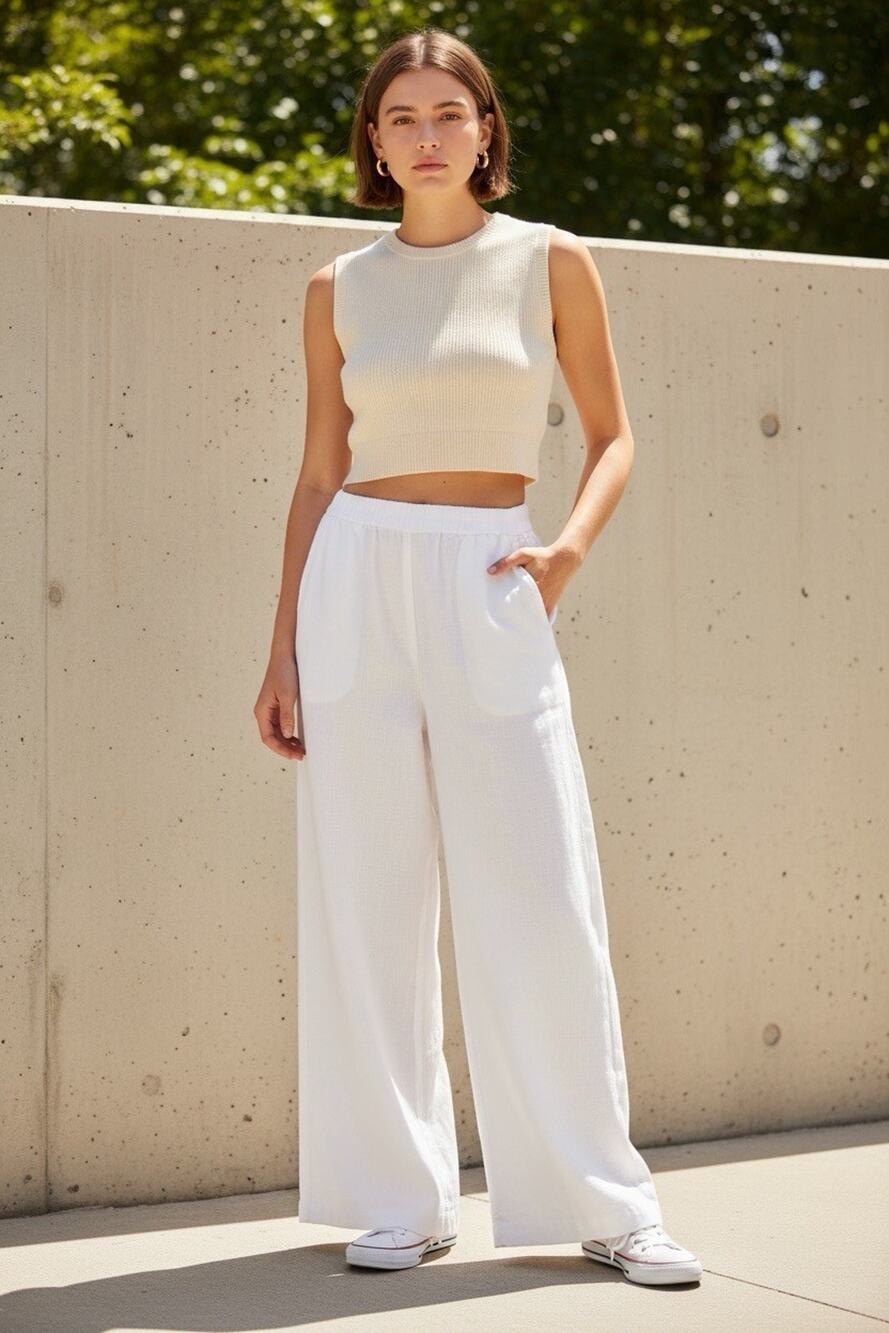 Lands' End Linen Blend Wide Leg Pants 22W White Flowy Beach Coastal Summer